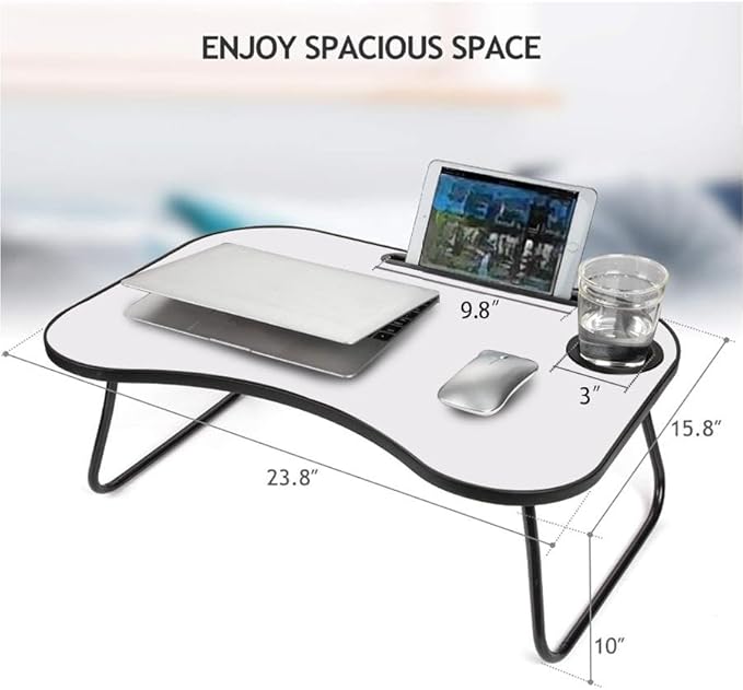 【LuckyNote】 Portable Laptop Desk, Gray and White Matte Metal and Wood Construction, Foldable Design with Cup Holder, 26.5 x 18.5 Inches, for Bed, Car, Couch, Home Use
