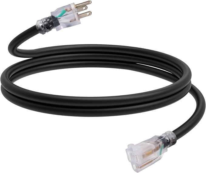 EP 6 Ft Outdoor Extension Cord, 12/3 SJTW Heavy Duty Waterproof Power Cable, 3 Prong Grounded Plug, Lighted End, for Lawn, Garden, Appliances, Black