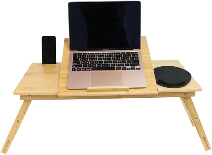 WoodNest -Bamboo Lap Desk, Laptop Desk, Portable Workstation, Adjustable Height Angle, Foldable Tray for Couch Bed Floor, Drawer with Magnetic Closure, Mouse Pad, Phone Slot, Leather Handle.