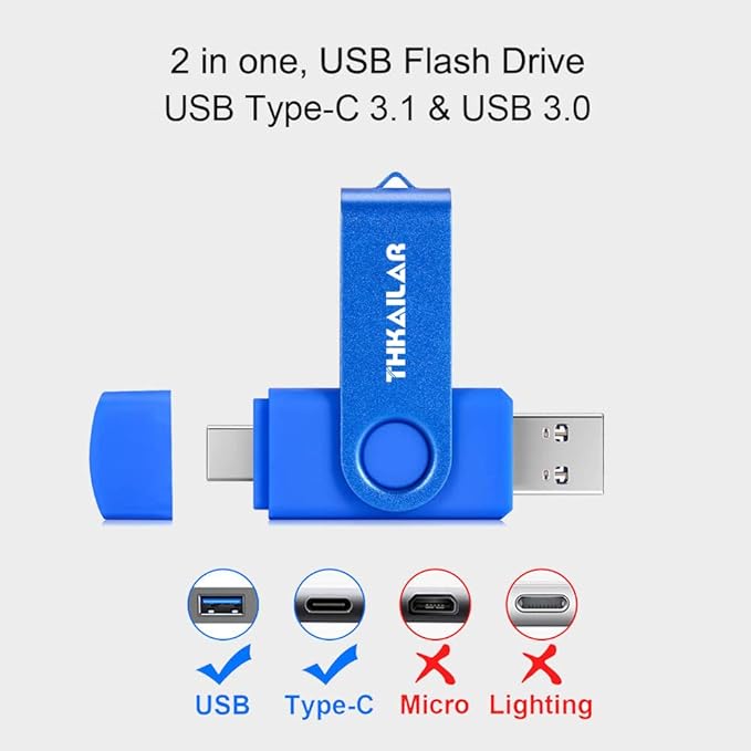 Thkailar 64GB 5 Pack USB C Flash Drive 3.1-2 in 1 Thumb Drive with USB A and Type C Port-Compatible with Android Phone/Mac Pro/PC/TV