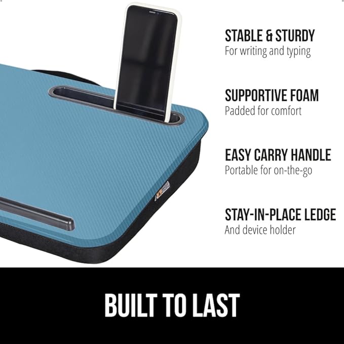 GORILLA GRIP Laptop Lap Desk with Phone Holder, Pillow Cushion Desks Fit Laptops up to 15.6", Tray Ledge Keep Computers in Place, Portable Travel Workstation Essentials for Home, Dorm Room, Blue