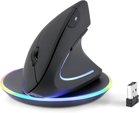 Perixx PERIMICE-713RX Wireless Rechargeable Vertical Mouse - Duo Wired and Wireless Charging Feature - Charging Pad Included - 6 Buttons Design - Black - Right-Handed Design