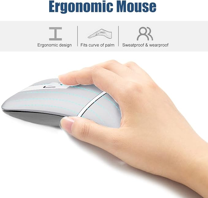 Foldable Arc Wireless Mouse Silent Click Bluetooth 5.0 and 2.4GHz Dual Modes Portable Curved Mouse for Home, Office, Travel (Silver)