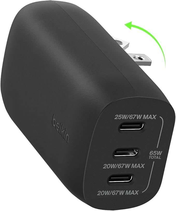 Belkin 3-Port USB C Charger Block w/PPS 67W, USB-C PD 3.1 Super Fast Charging - Samsung Galaxy S25, Apple iPhone 17, Air, Pro, Pro Max, MacBook, AirPods, Apple Watch, Nintendo Switch 2, etc. - Black