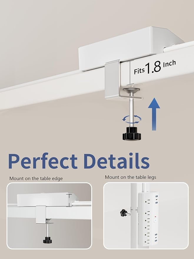 Desk Clamp Power Strip, 40W Fast Charging Station, Desktop Mount Surge Protect with 6 Outlets 6USB Ports (2USB C), Removable Power Strip Fits 1.8" Tabletop Edge, 10Ft Extension Cord for Home Office