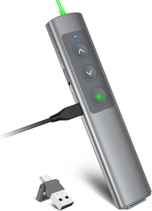Metallic Presentation Clicker Presenter Remote - Rechargeable Wireless Presenter with Green Laser Pointer, 2 in 1 USB Clicker for PowerPoint & Google Slides, Compatible with MacBook/PC