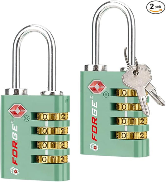 Forge Dual-Opening: Key or Combination Access Lock, TSA Approved Locks for Luggage, Pelican case, Travel, Gym, School, Stainless Steel Shackle. (Green, 2 Pk)