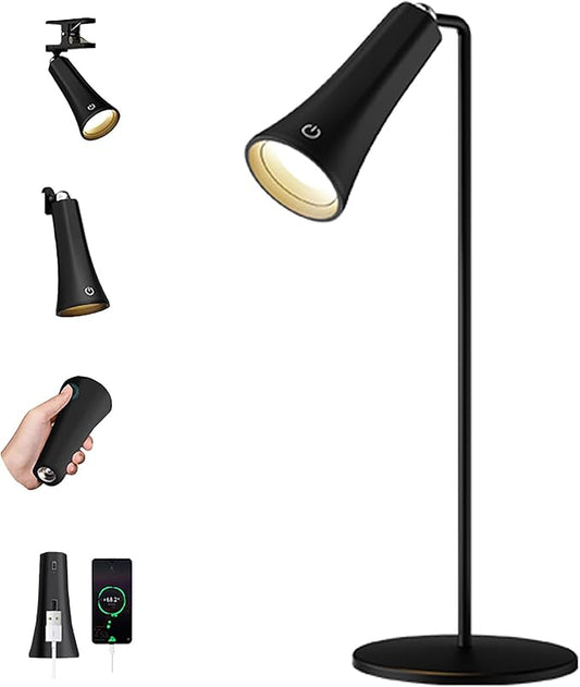 5 Modes Rechargeable LED Lamp with Magnet Swivel Joint, Touch Control, Adjustable Brightness, Color, 360° Angle, Can Become Desk Lamp, Clip Lamp, Wall Lamp, Flashlight, Portable Charger (Black)