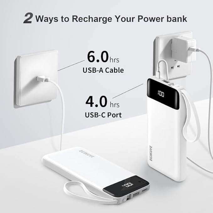 Power Bank 10000mAh Portable Charger with 4 Built-in Cables, Type-C in & Out Phone Charger, External Battery Charger Pack & Travel Essential for iPhone 16/15/14, Samsung, iPad, Android