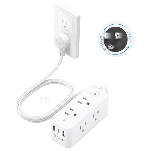 TROND 360° Rotating Flat Plug Power Strip, 6 Widely Spaced Outlets, 2 USB A and 1 USB C, 1440J Surge Protector, Wall Mountable, Extension Cord 5ft for Home Travel Office Dorm Room Essentials, White