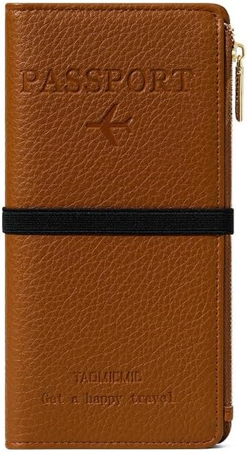 DOB SECHS Leather Passport Holder RFID Blocking Passport Wallet Case for Women, Travel Accessories Organizer Credit Cards Pouch Bag with ID Window+Zippered Cash Pocket+SIM Slots, Brown