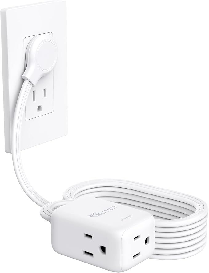 Flat Extension Cord 15ft Long, ETL Listed, NUTICT 3 Prong Indoor Cord Extension, Surge Protector, 13A/1625W, 900J, Low Profile Left Angle Flat Wall Plug, Behind Bed Couch Furniture Tight Space, White