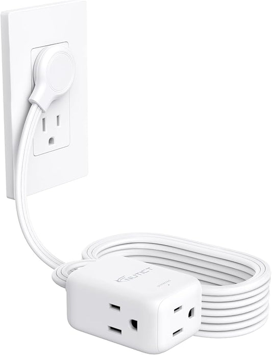 Flat Extension Cord 15ft Long, ETL Listed, NUTICT 3 Prong Indoor Cord Extension, Surge Protector, 13A/1625W, 900J, Low Profile Left Angle Flat Wall Plug, Behind Bed Couch Furniture Tight Space, White
