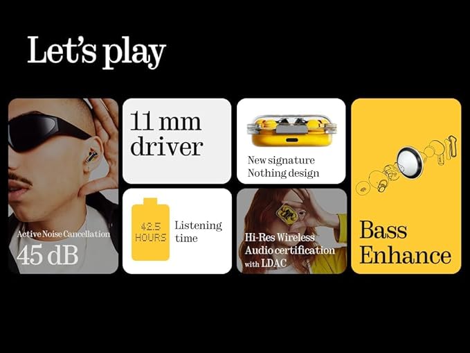 Nothing Ear (a) Wireless Earbuds, 45dB Hybrid Noise Cancelling Earbuds, Hi-Res Audio, Advanced Equaliser, Dual Connect, 6 Mics, 42.5H Playtime Ear Buds Wireless Bluetooth, Yellow