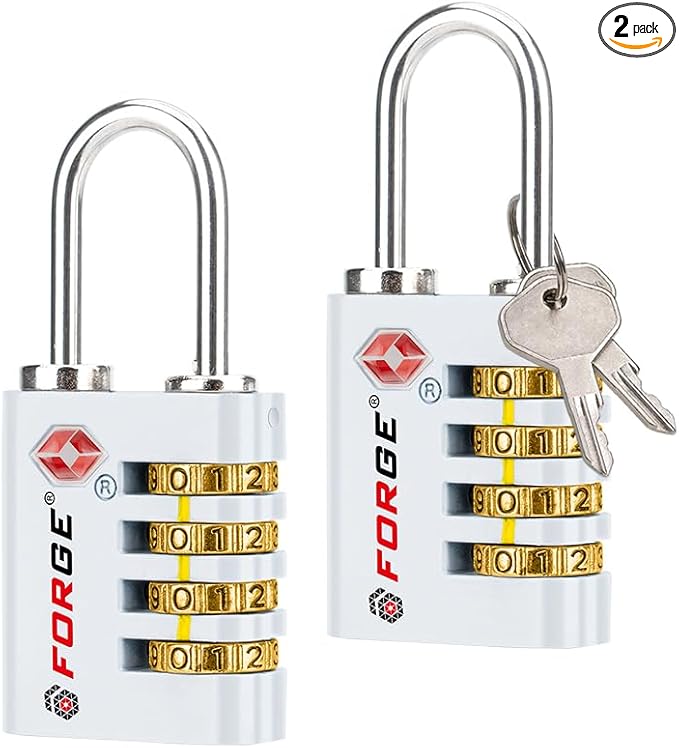 Forge Dual-Opening: Key or Combination Access Lock, TSA Approved Locks for Luggage, Pelican case, Travel, Gym, School, Stainless Steel Shackle. (White, 2 Pk)