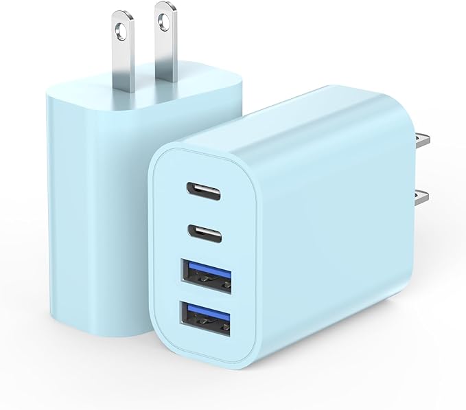 2 Pack 40W USB C Wall Charger,4-Ports Multiport PD Power Adapter & QC Wall Plug, Apple Fast Charging Block,iPhone USBC Charging Brick Compatible with iPhone 17/Air/17 Pro/16/16e/15/Pro Max/14/13(Blue)