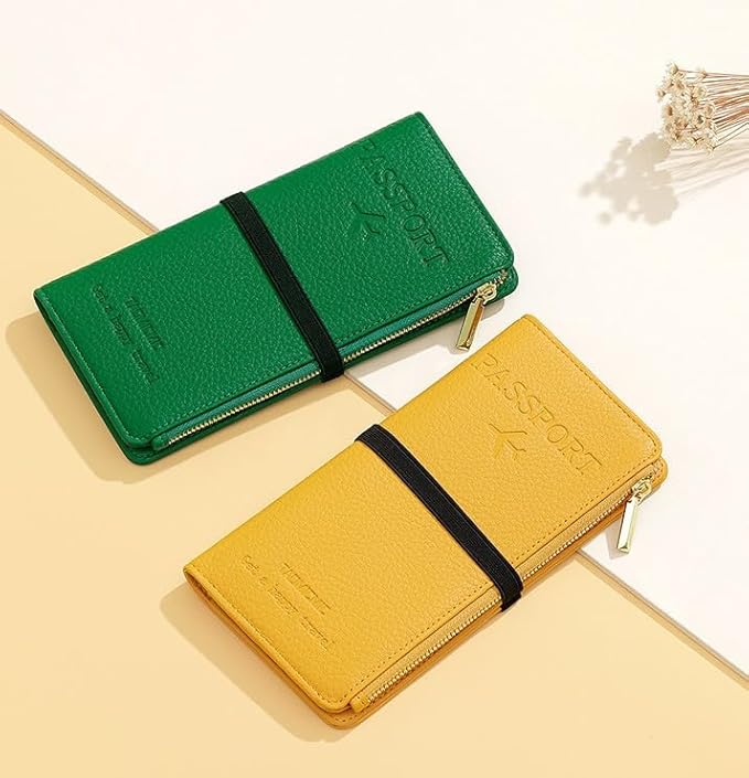 DOB SECHS Leather Passport Holder, RFID Blocking Passport Wallet Credit Cards Case for Women, Travel Accessories Organizer Pouch Bag with ID Window+Zippered Cash Pocket+SIM Slots, Yellow