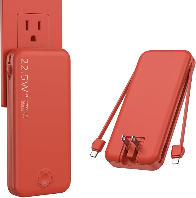 Portable Charger with Built in Cable and AC Wall Plug, USB C Power Bank 12000mAh 22.5W Super Fast Charging, Lightweight Portable Phone Charger Travel Battery Pack for iPhone, Samsung, Tablets (Red)
