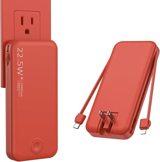Portable Charger with Built in Cable and AC Wall Plug, USB C Power Bank 12000mAh 22.5W Super Fast Charging, Lightweight Portable Phone Charger Travel Battery Pack for iPhone, Samsung, Tablets (Red)