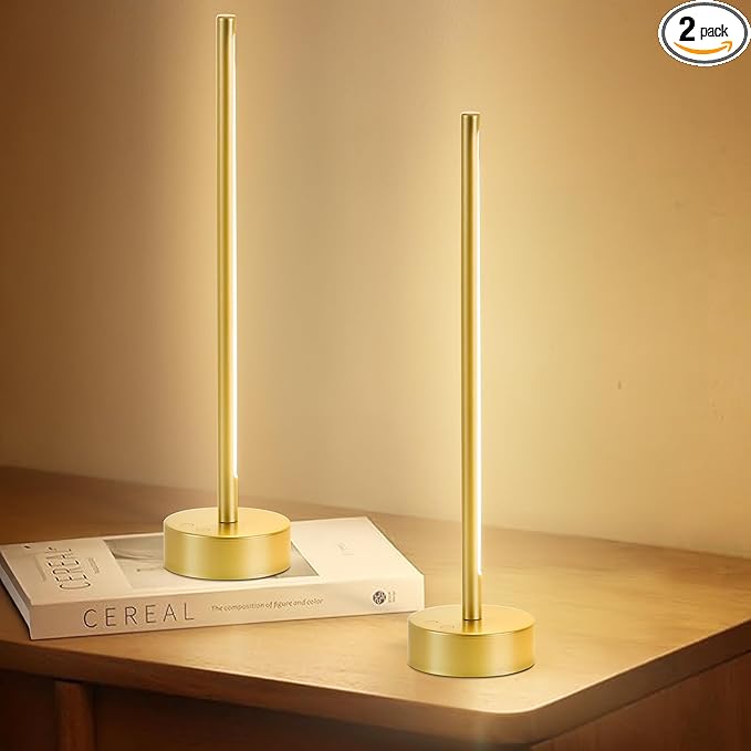 Cordless LED Table Lamp Set of Two, Battery Operated Portable Desk Lamp,Dimmable/3 Color/Memory Function,Modern Rechargeable Table Light for Living Room,Bedroom,Bedside,Gold, 2 Pack
