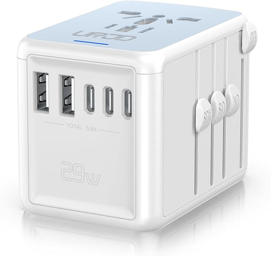 Universal Travel Adapter with 5 USB Ports (3 USB C) & Multi AC Outlet, International Power Plug Adapter Worldwide Travel Wall Charger for Europe UK US AUS (Type C/G/A/I, White)