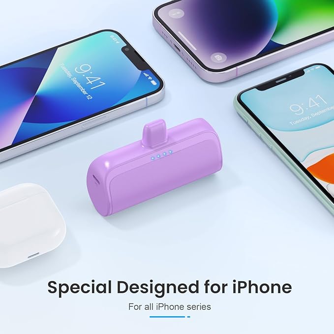 [2 Pack]Mini Portable Charger for iPhone,5200mAh Ultra-Compact Fast Charging Power Bank Cordless Cute Small Smart Battery Pack Compatible with iPhone 14/14 Pro Max/13/13 Pro/12/XR/8/7/6(Pink+Purple)