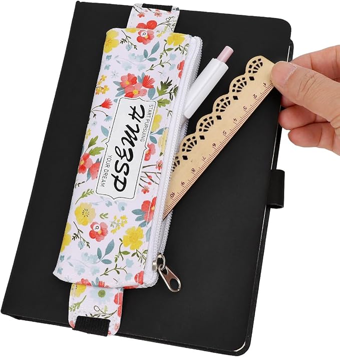 Adjustable Elastic PU Pen Holder for Notebook, Stationery School Supplies Zipper Bag for Journals, Book,Planners,Black Flower,3 PCS