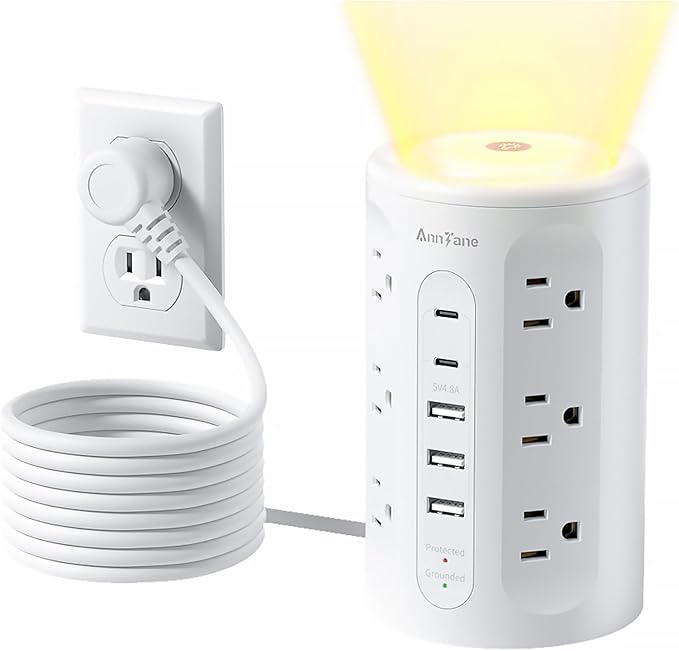 Power Strip Tower with Night Light, 15W Surge Protector Power Strip with USB Ports, 10 FT Extension Cord with Multiple Outlets (12AC+3A+2C) for Home Office Desk DormRoom (White)