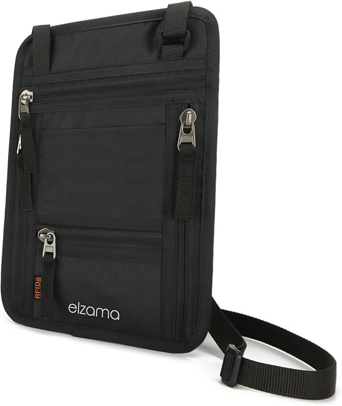 elzama Travel Neck Wallet, Neck Passport Holder, RFID Blocking Passport Wallet Super Slim & Lightweight Travel Pouch Holder for Men & Women (Black)