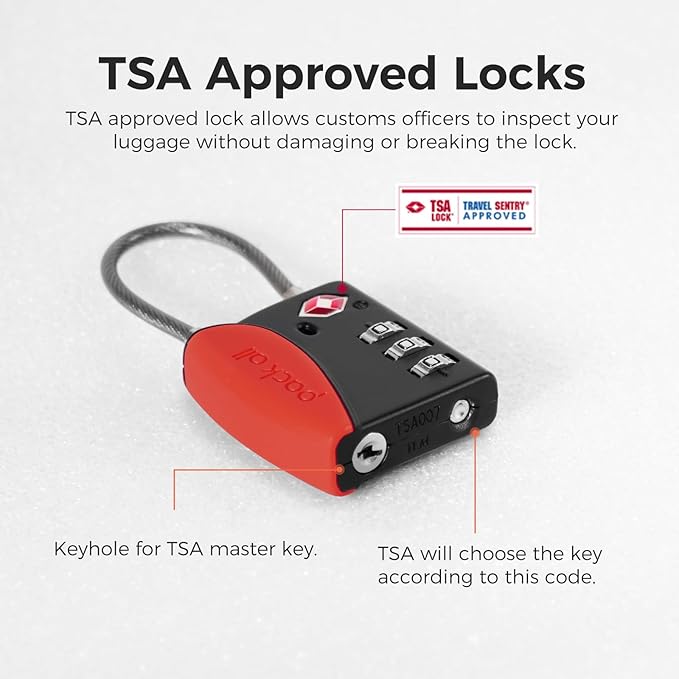 pack all TSA Approved Cable Luggage Locks, 3 Digit Combination Padlocks, Travel Lock for Suitcases & Bag, Alloy Body, Travel Accessories (4 Pack)（Red）