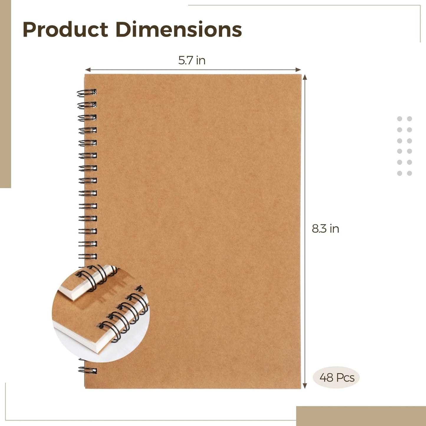 Lnrueg 48 Pcs A5 Spiral Notebooks - Brown Kraft Paper Cover Notebooks, Hardcover Lined Notebooks, Sturdy Travel Journals with Smooth 70GSM Paper for School, Office, Travel, 100 Pages