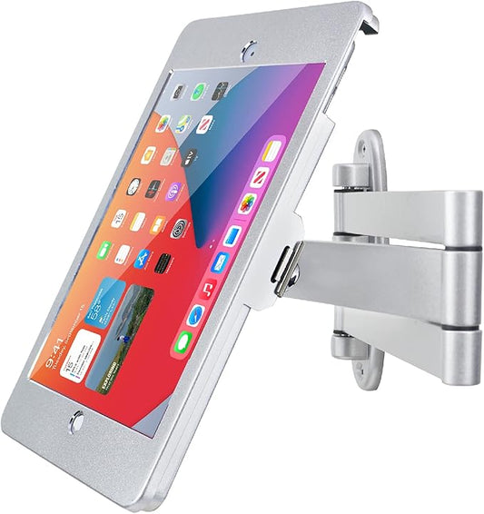 Tablet Wall Mount Bracket with fold for iPad 10.2-Inch (9th,8th,7th Gen.), Extend Adjustable Arm Swivel with Anti Theft Security Lock and Key, Multi Angle, Rotate Design,Metal (Silver)