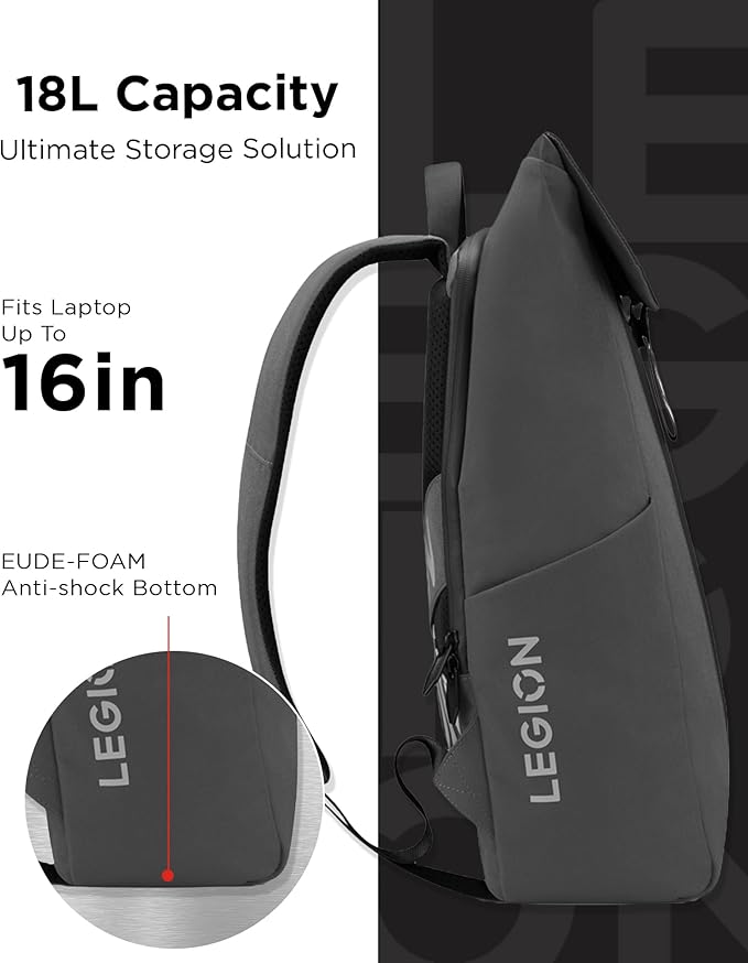 Lenovo Legion Gaming Backpack GB400 for Computers Up to 16 Inch - Lightweight Water Repellant Bag with Multiple Pockets, & Superior Valuables Protection for Gamers (Black)