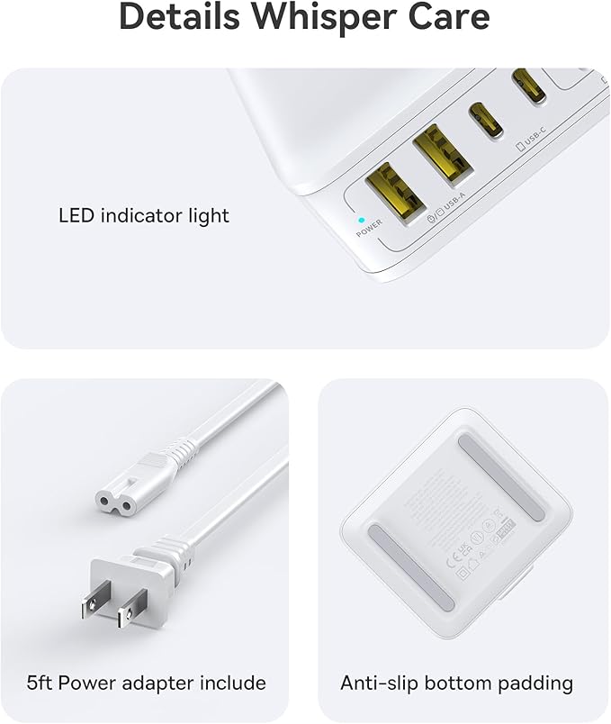 Baseus Charging Station 120W, 6-in-1 USB-C PD Fast Charging Desktop Charger with 5ft Extension Cord, 4 USB C, 2 USB A Ports, Travel Power Strip for iPhone 17/16, iPad Pro, MacBook Pro, Tablet and More