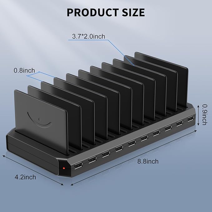 USB Charging Station for Multiple Devices, 10 Port 60W Multiple USB Charger Station with Adjustable Dividers, Fast Charging Station Hub for Hotels, Shops, Schools, Shopping Malls and Travel