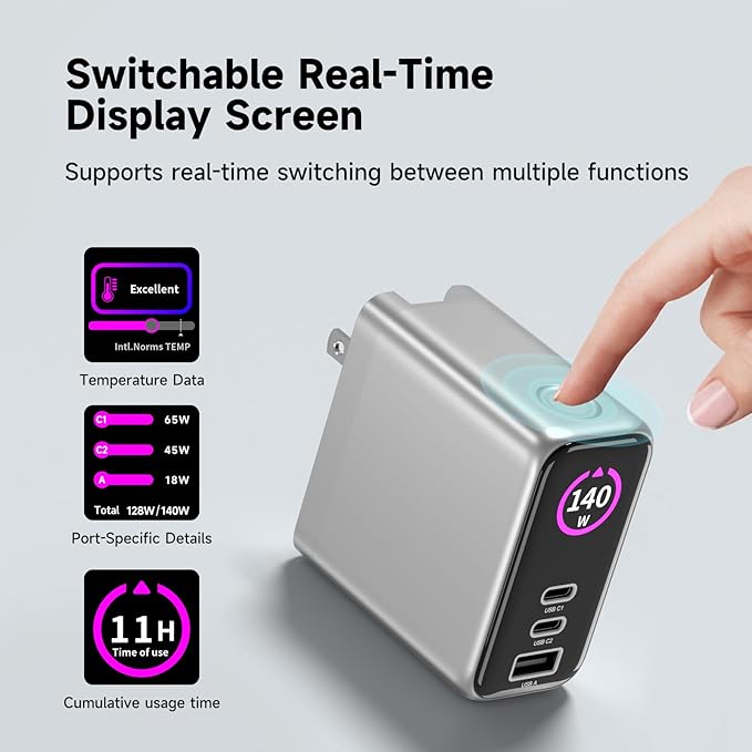 140W MAX USB C Charger | 3-Port Fast Charging Station (2xUSB-C PD3.1 + USB-A QC3.0) | Intuitive Touch Controls, for for MacBook, iPhone 17/16 Series, Samsung Galaxy, Pixel and More