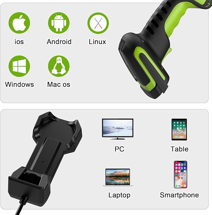 Industrial 433Mhz Wireless Barcode Scanner with Charging Cradle,IP65 Drop-Proof 2-in-1 Bluetooth and 433Mhz Barcode Reader for Laptop Desktop Tablet Android iOS,ipad