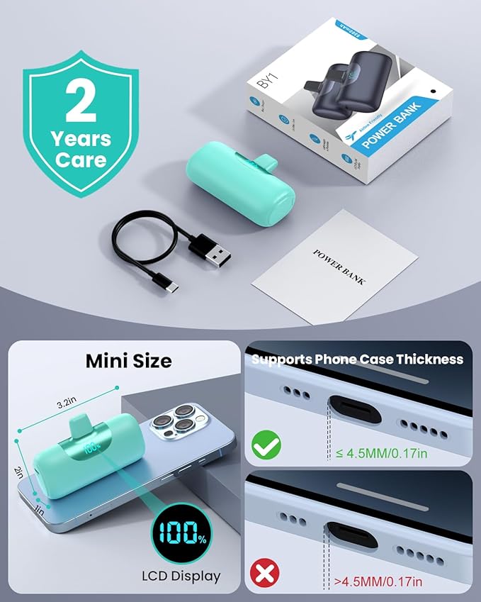 Mini Portable Charger for iPhone,Upgraded 22.5W PD Fast Charging 5500mAh Ultra-Compact Power Bank,LCD Display Plug-in Cute Battery Pack Travel Essentials for iPhone 14/14Pro/13/12/11/X/8/7/6 (Green)