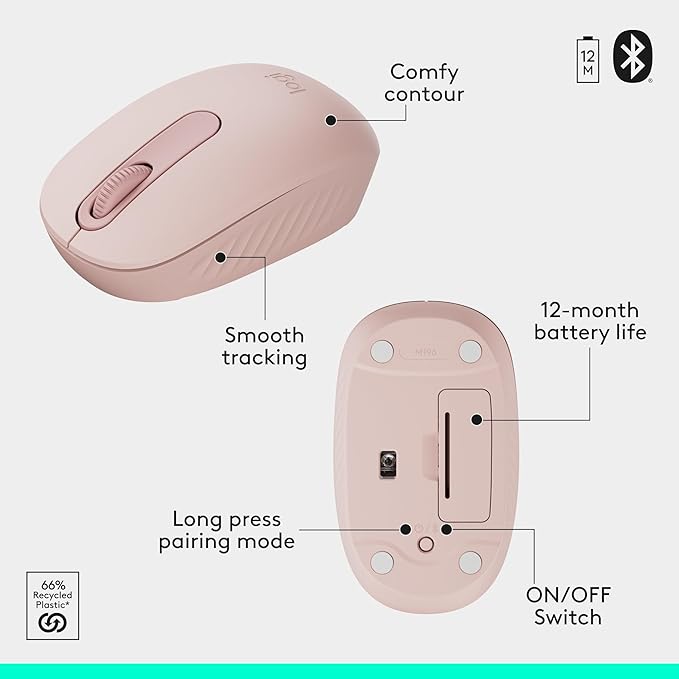 Logitech MK250 Bluetooth Wireless Mouse and Keyboard Combo: Fast & Easy Connectivity, Compact Wireless Keyboard, Ambidextrous Mouse, Durable Build - Windows/MacOS - Rose