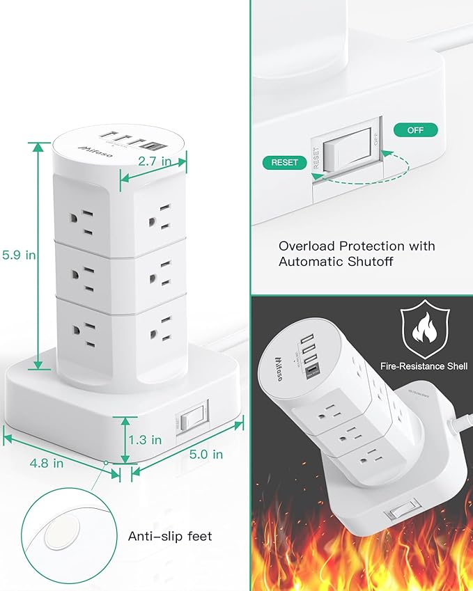 Tower Surge Protector Power Strip with 12 Outlets 4 USB (1 USB C), Mifaso Extension Cord with Multiple Outlets, 1800J Protection, Office Desk Supplies, Dorm Essentials
