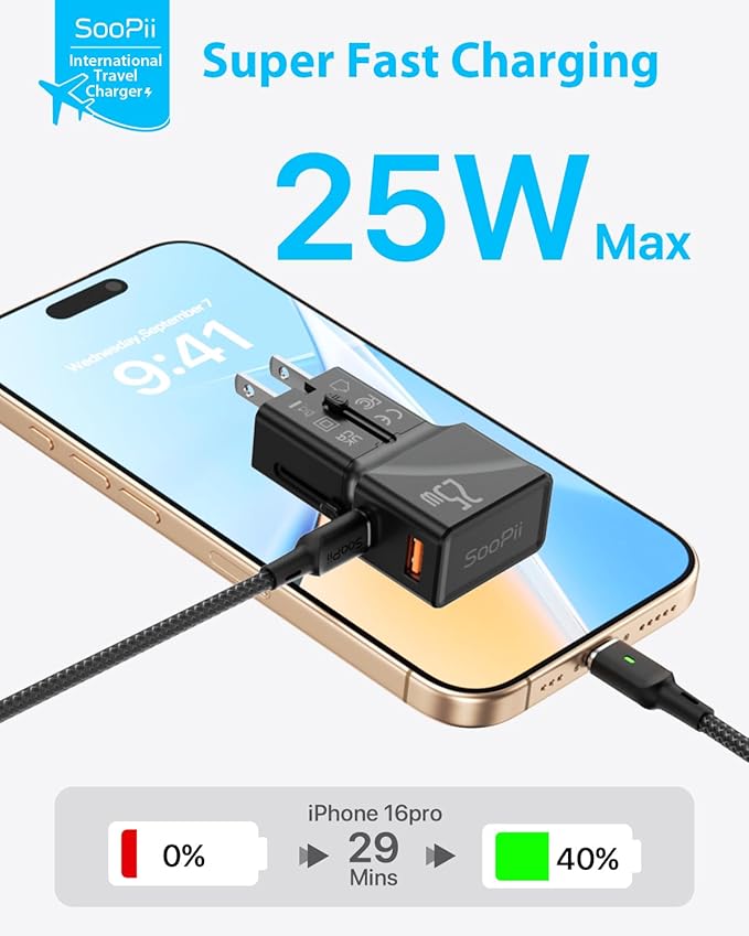 SooPii 25W Universal Travel Power Adapter, International Power Adapter, USB-C PD & USB-A QC Universal Travel Plug, Mini Travel Adapter for UK US EU AU with 100W Smart LED Indicator C-to-C Cable