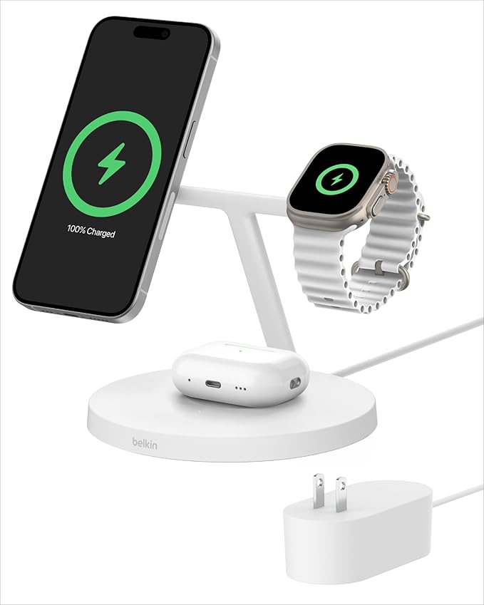 Belkin MagSafe-Compatible Charger, 3-in-1 Wireless Charging Station, Qi2-Certified 15W Wireless Charge for Apple iPhone 17 Series, Apple Watch, AirPods w/Non-Slip Base, 40W Included - Black