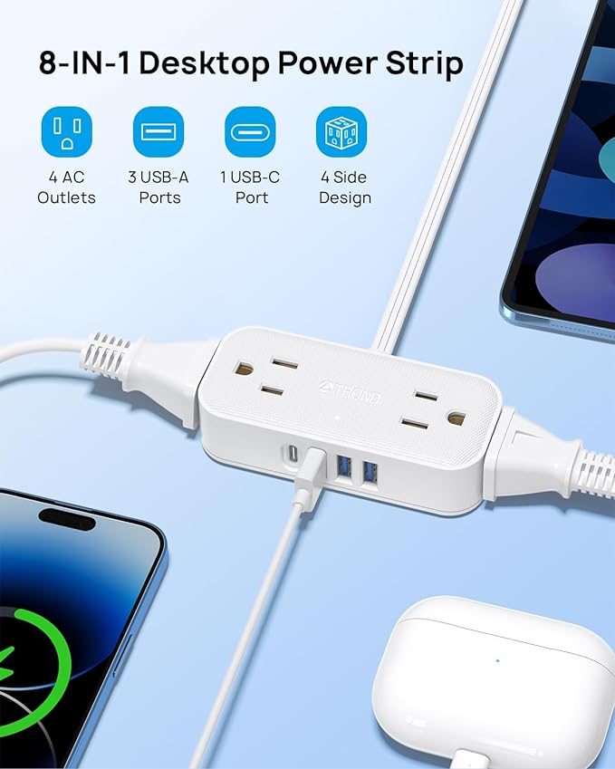 TROND Travel Power Strip with USB Ports, 5ft Flat Plug Extension Cord with Multiple Outlets, Small Wall Mount Extender Adapter for Office Dorm Room Essentials, White