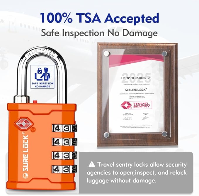 SURE LOCK TSA Accepted 4 Dig Heavy Duty Big Combination Luggage Padlock All Metal Travel Lock for Equipment Hard Case Luggage Gun Case Gym Locker Pelican Vault Lock (2, Orange)