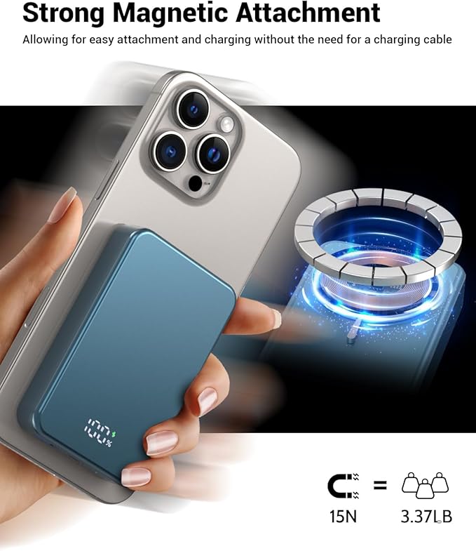 Magnetic Power Bank 26800mAh for Magsafe Portable Charger, Aluminum Alloy Large Capacity 20W USB-C in&Out Wireless Fast Charging for iPhone16 Plus Pro Max/15/14/13/12 Series, Blue