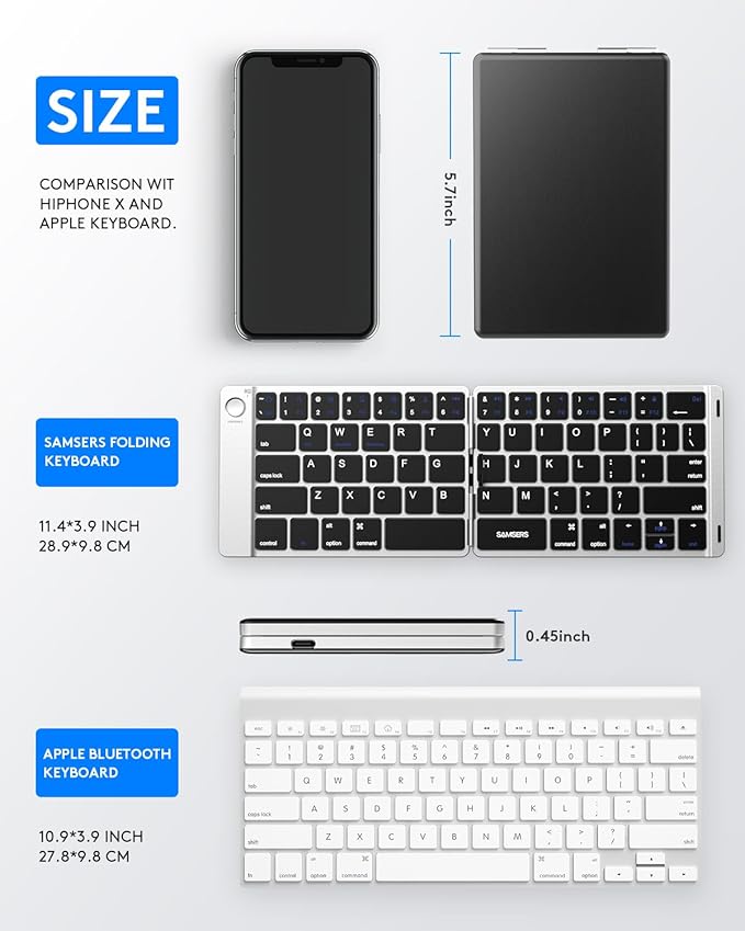 Samsers Foldable Bluetooth Keyboard - Portable Wireless Keyboard with Stand Holder, Rechargeable Full Size Ultra Slim Folding Keyboards Compatible IOS Android Windows Smartphone Tablet & Laptop-Silver