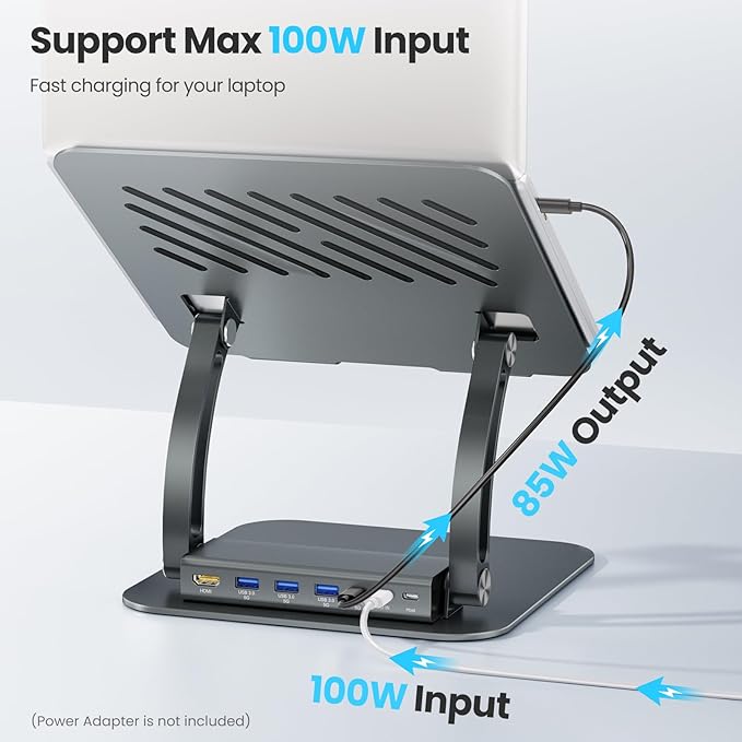 tounee Laptop Stand with Detachable USB-C Hub, 100W PD Charging, 4K@60Hz HDMI, 3 USB Ports, Ergonomic Laptop Holder Docking Station for 10-17" Laptops, MacBook & More - Gray