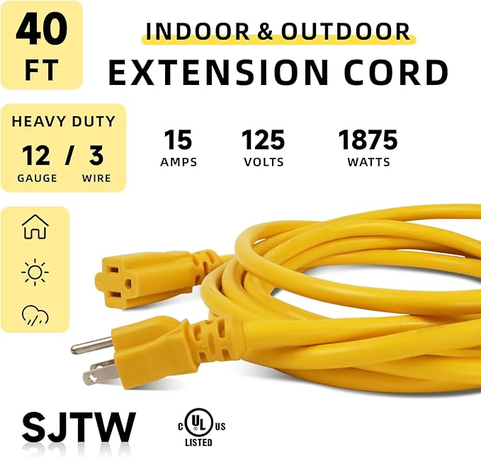 EP 40 Ft Outdoor Extension Cord, 12/3 SJTW Heavy Duty Extension Cable with 3 Prong Grounded Plug, 15 AMP Power Cord for Lawn, Garden, Appliances, Yellow
