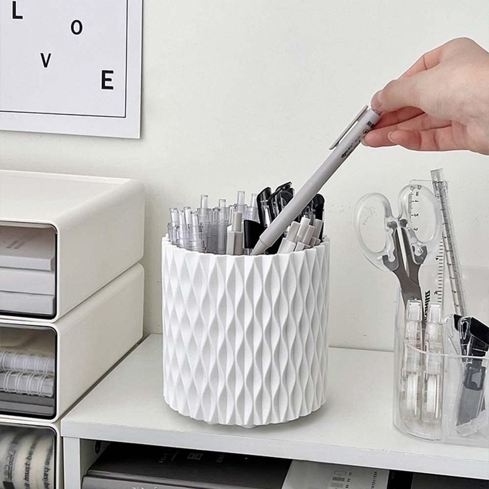 OWLFAVO Rotate Desk Organizer, Spinning Pen Holder Stationery, 360-Degree Pencil Accessories Storage Caddy Tray for College, Home, Office, Makeup Brush, 5 Compartments, White