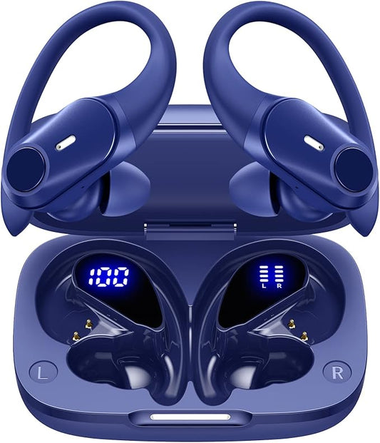 GOLREX Noise Cancelling Ear Buds Wireless Earbuds Bluetooth Headphones with 80H Playtime, Dual LED Display, Wireless Charging Case, Over-Ear Hooks Earphones for Sports Running Gym Workout Blue